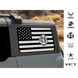 Military Branches in American Flag window decal for Quarter panel window of Ford Bronco 6G